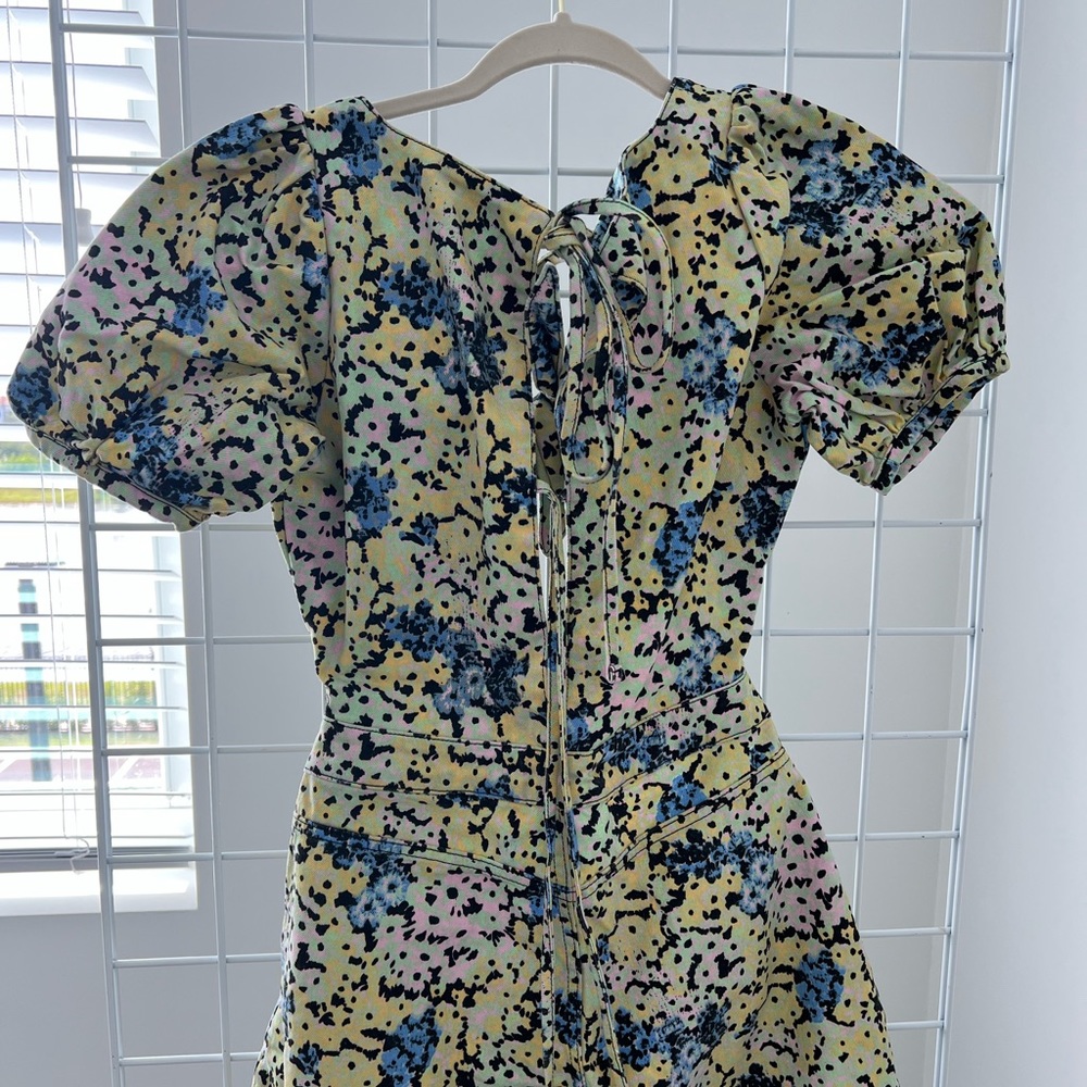 Puff sleeve cut out denim floral print romper
